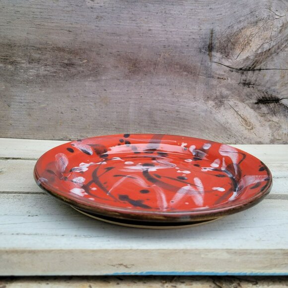 DUKE ESTERWOOD Mystic Mud Pottery Pie Plate 9"  Red Black White North Carolina - Picture 3 of 12